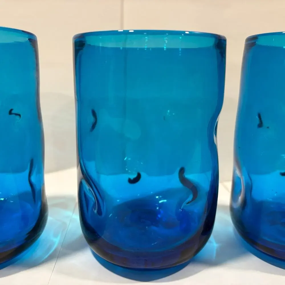 Set of 3 Blenko Tumbler Drinking Glasses Turquoise Blue Pinched Dimpled 4.5 Inch